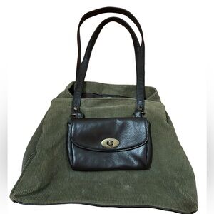 Olive Green Corduroy & Leather Slouch Tote | Large Casual Work Bag